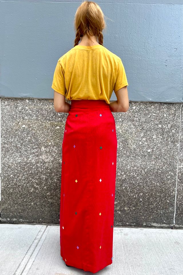 1970’s Red Embroidered Maxi Skirt Selected by Nomad Vintage #1