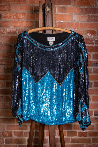 Vintage Judith Ann Blue and Black Sequin Silk Blouse Selected by Black Shag Vintage