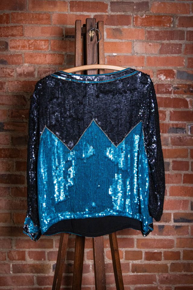 Vintage Judith Ann Blue and Black Sequin Silk Blouse Selected by Black Shag Vintage #1