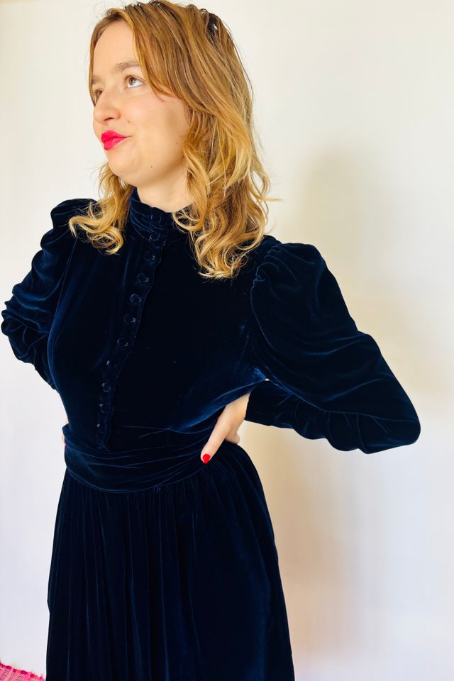 Vintage Navy Velvet High Neck Button Up Dress Selected by Atlantic Vintage #2