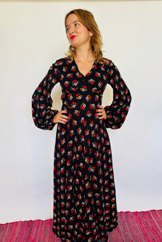 Vintage Black Floral Maxi with Bell Sleeves Selected by Atlantic Vintage
