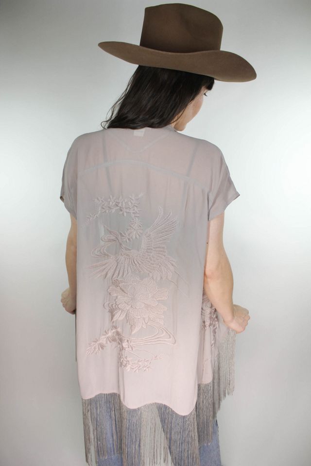 Y2K Crane Embroidered Fringe Kimono Duster Selected By Moons + Junes Vintage #1