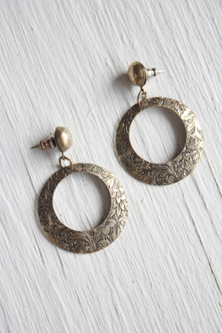 Vintage Brass Floral Engraved Hoop Earrings Selected By Moons + Junes Vintage