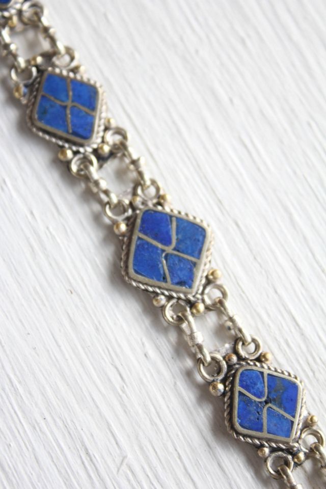 Vintage Lapis Lazuli Geometric Sterling Silver Link Bracelet Selected By Moons + Junes Vintage #1