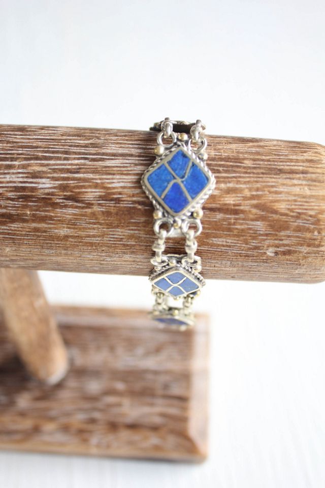 Vintage Lapis Lazuli Geometric Sterling Silver Link Bracelet Selected By Moons + Junes Vintage #2