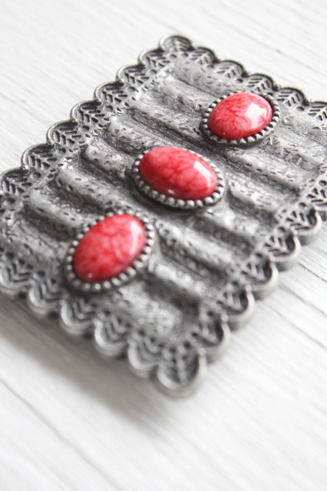 Vintage Red Coral Cabochon Stone Western Silver Belt Buckle Selected By Moons + Junes Vintage #2