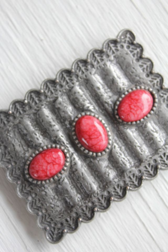 Vintage Red Coral Cabochon Stone Western Silver Belt Buckle Selected By Moons + Junes Vintage #3