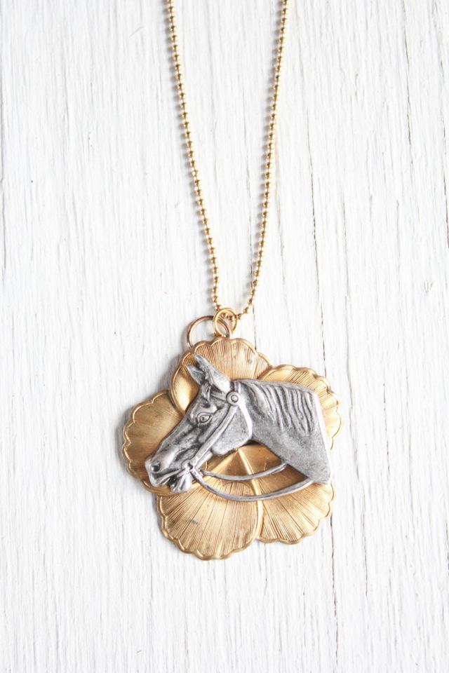 Vintage Brass Horse Medallion Two-Tone Western Ball Chain Necklace Selected By Moons + Junes Vintage #1