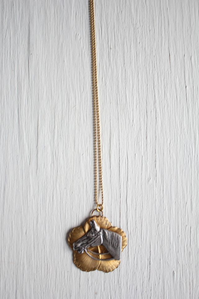 Vintage Brass Horse Medallion Two-Tone Western Ball Chain Necklace Selected By Moons + Junes Vintage #3