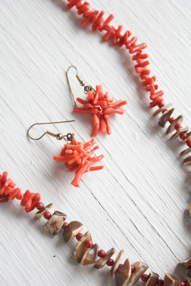 Vintage Red Coral Branch Matching Necklace & Earring Set Selected By Moons + Junes Vintage #1
