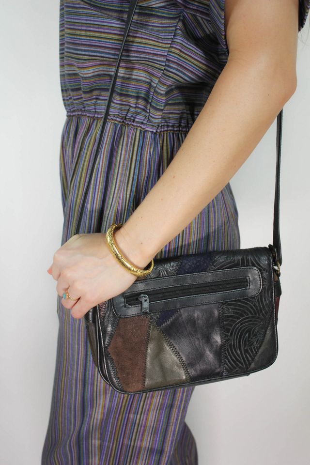 1980s Black Leather Patchwork Crossbody Purse Selected By Moons + Junes Vintage #1