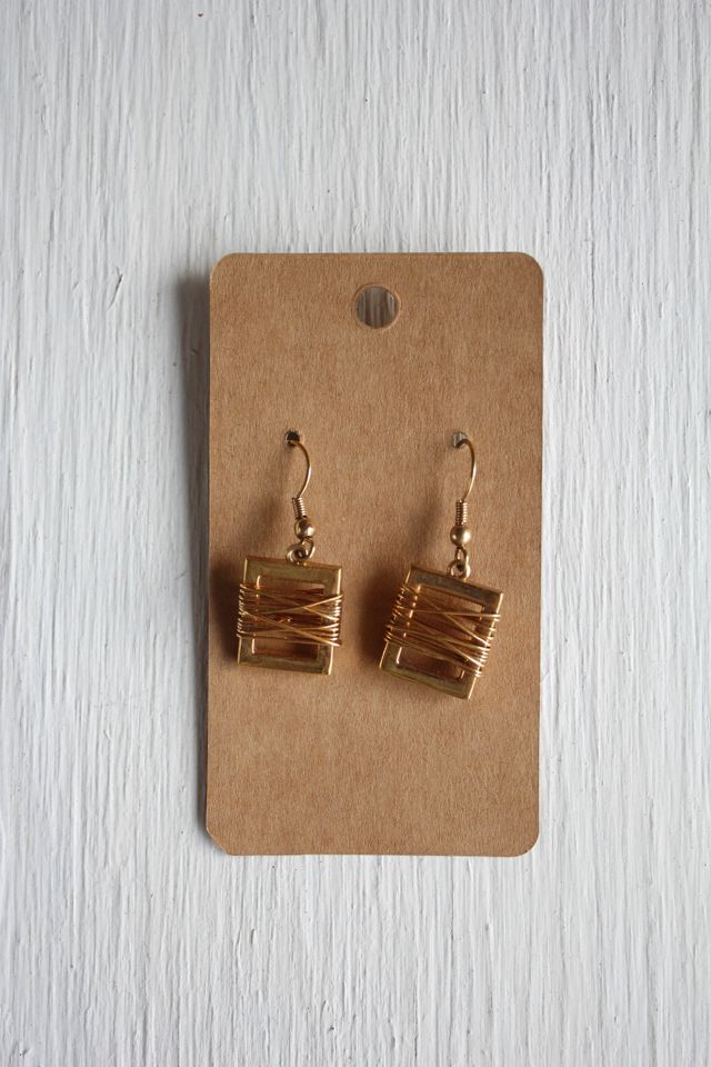 Vintage Gold-Tone Square Wire-Wrapped Earrings Selected By Moons + Junes Vintage #3