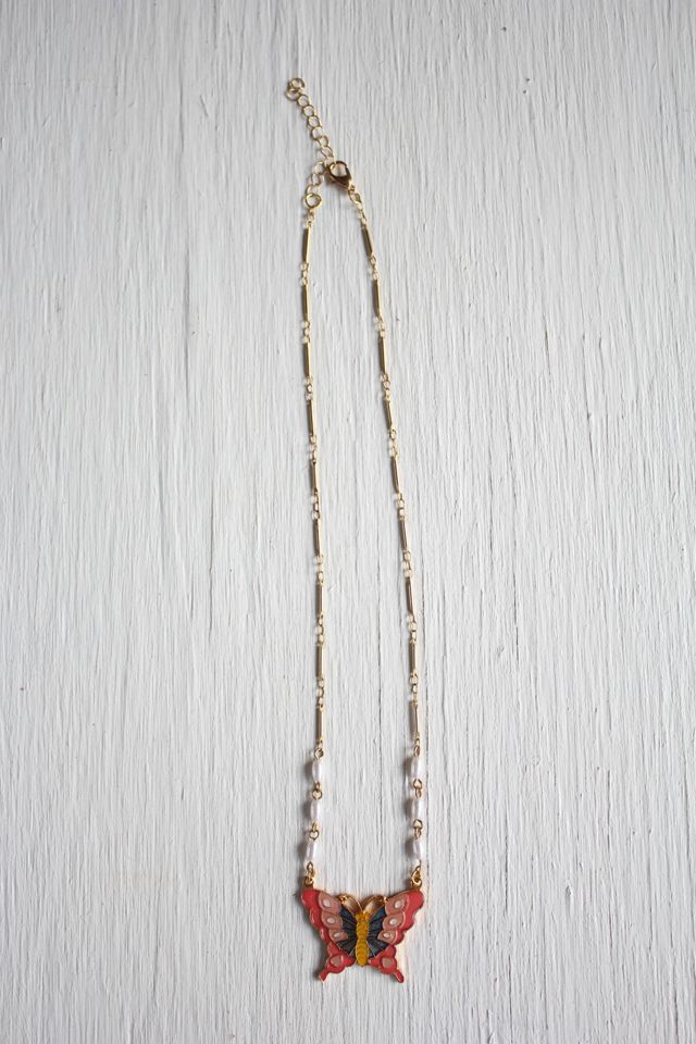 Vintage Butterfly Pendant Pearl Chain Necklace Selected By Moons + Junes Vintage #1