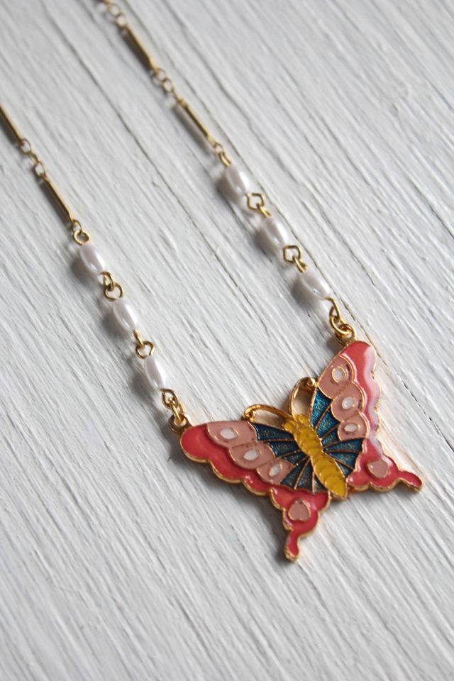Vintage Butterfly Pendant Pearl Chain Necklace Selected By Moons + Junes Vintage #2