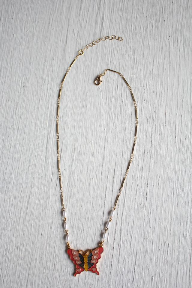 Vintage Butterfly Pendant Pearl Chain Necklace Selected By Moons + Junes Vintage #3