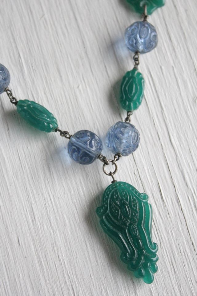 Vintage Art Deco Czech Jade Blue Peking Glass Necklace Selected By Moons + Junes Vintage #1