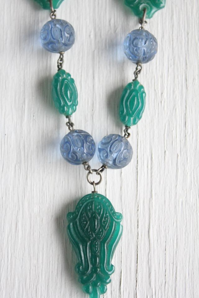 Vintage Art Deco Czech Jade Blue Peking Glass Necklace Selected By Moons + Junes Vintage #3