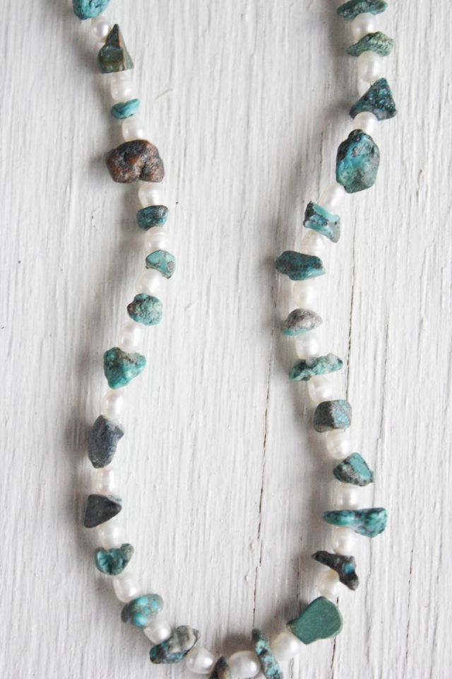 Vintage Raw Turquoise Freshwater Pearl Beaded Necklace Selected By Moons + Junes Vintage #2