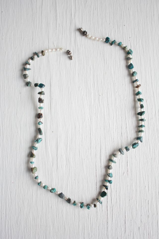 Vintage Raw Turquoise Freshwater Pearl Beaded Necklace Selected By Moons + Junes Vintage #3