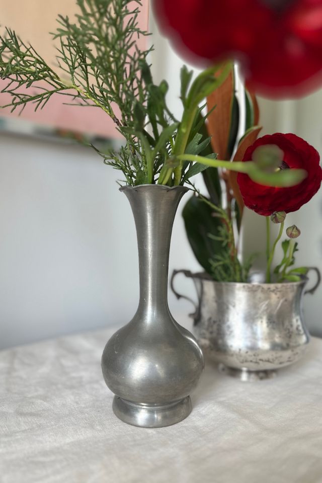 Vintage Pewter Long Neck Bud Vase with Scalloped Lip Selected by KA.TL.AK #2
