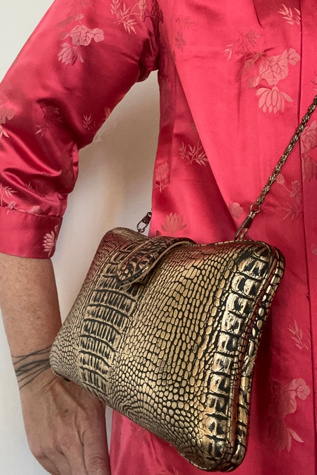 Vintage Gold and Black Faux Reptile Skin Box Clutch with Gold Chain Selected by KA.TL.AK