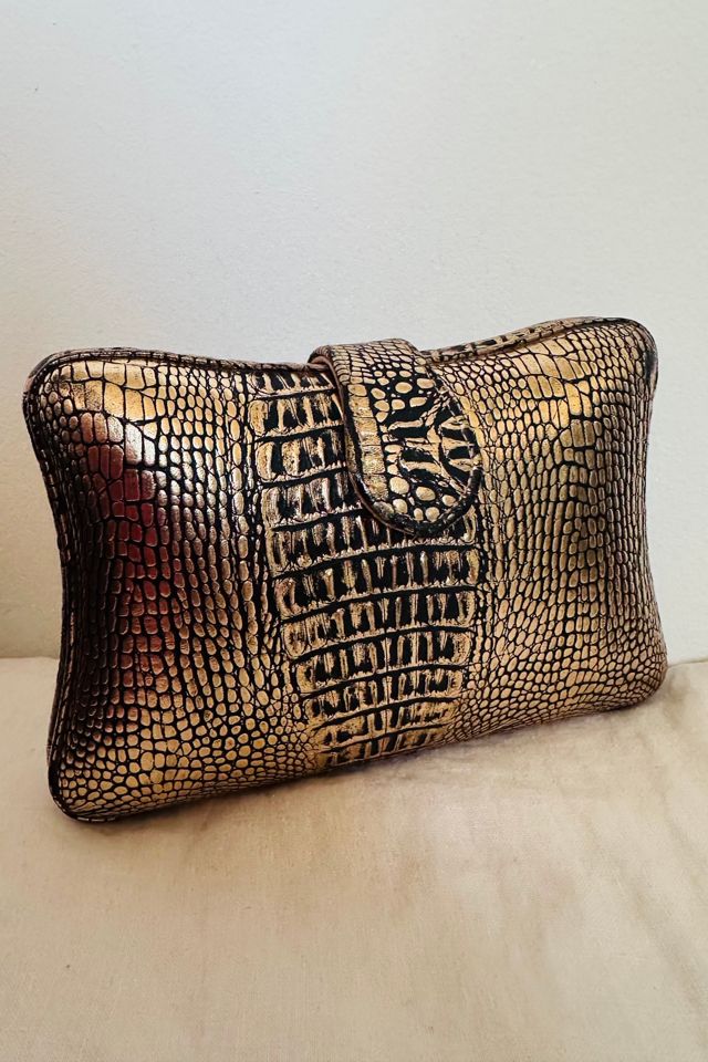 Vintage Gold and Black Faux Reptile Skin Box Clutch with Gold Chain Selected by KA.TL.AK #1
