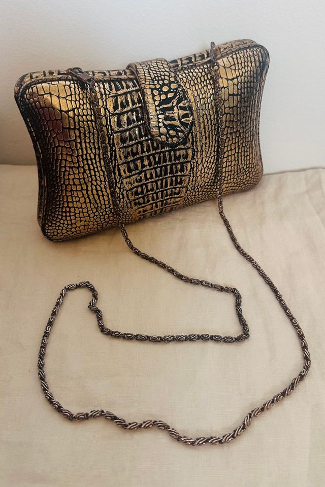Vintage Gold and Black Faux Reptile Skin Box Clutch with Gold Chain Selected by KA.TL.AK #3