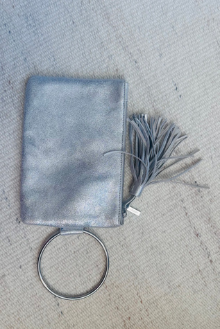 Silver Leather Wristlet with Tassel and Zip Closure Selected by KA.TL.AK