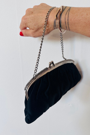 Vintage Black Satin Kiss Clasp Frame Clutch with Diamond Selected by KA.TL.AK