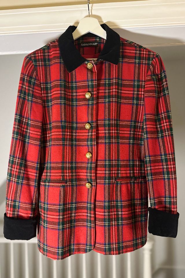 Vintage Red Plaid Button Front Jacket with Black Velvet Details Selected by KA.TL.AK #1