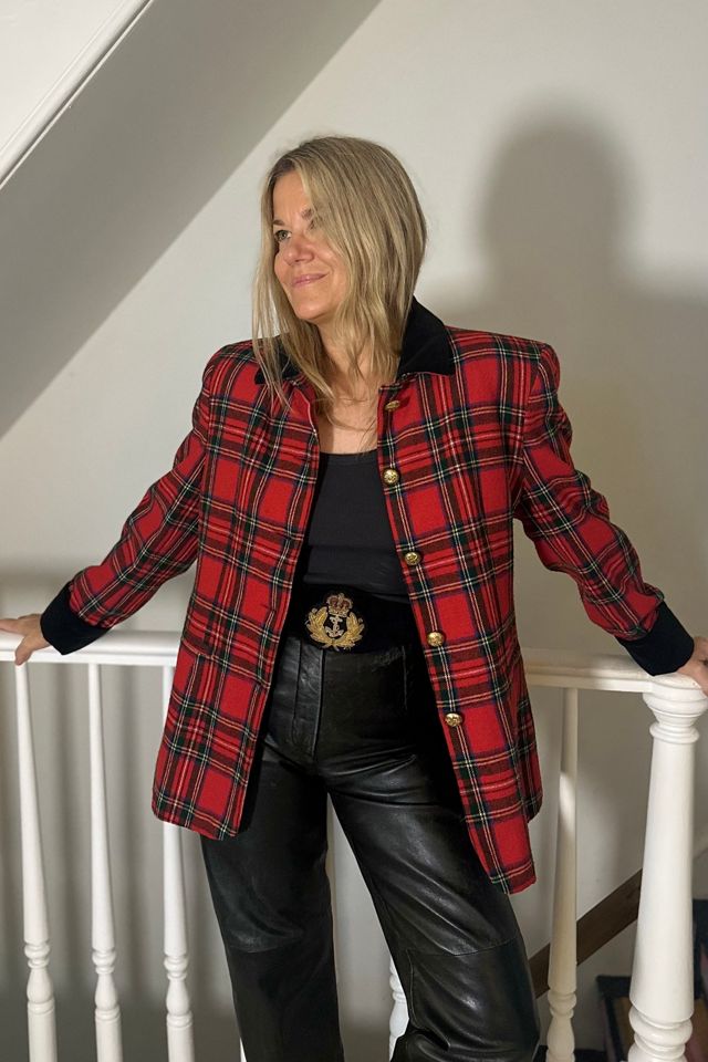 Vintage Red Plaid Button Front Jacket with Black Velvet Details Selected by KA.TL.AK #3