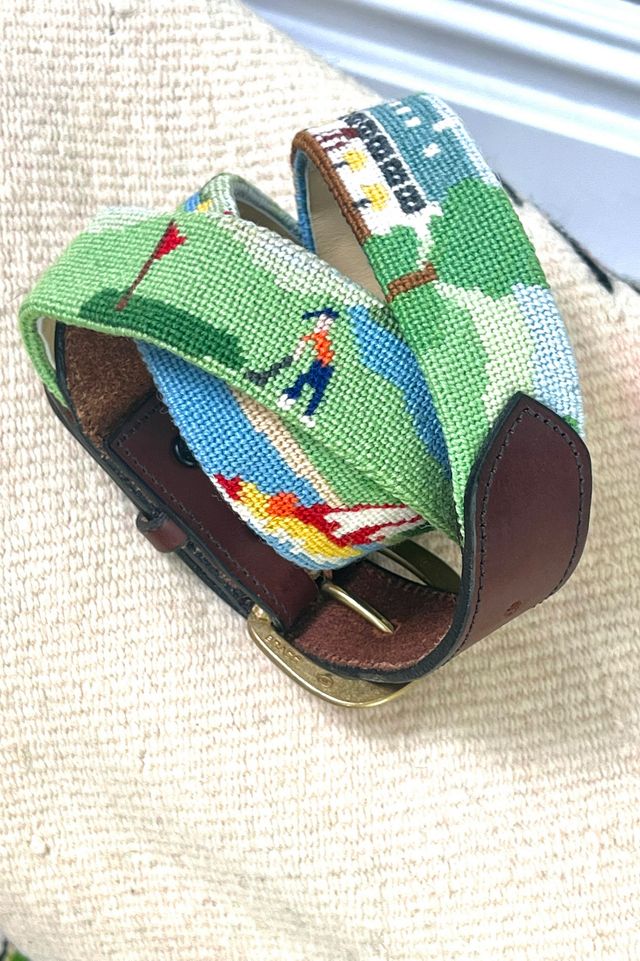 Vintage Leather and Needlepoint Golf and Sail Belt and Buckle Selected by Anna Corinna #1