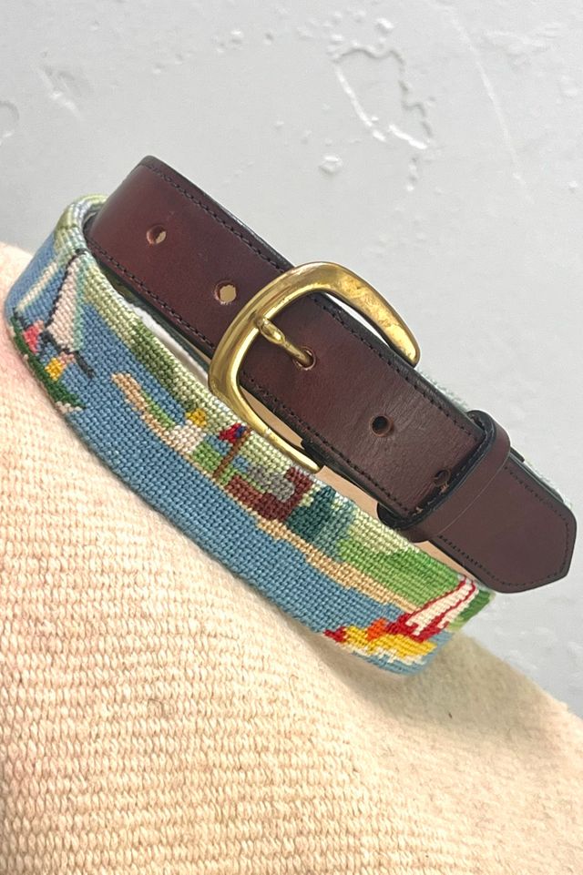 Vintage Leather and Needlepoint Golf and Sail Belt and Buckle Selected by Anna Corinna #2