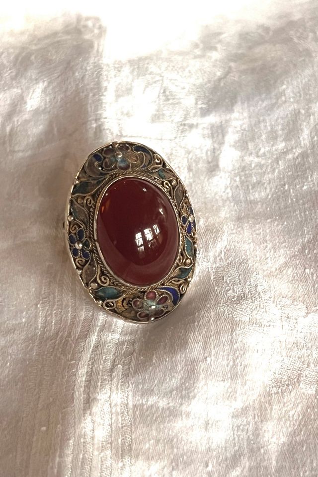 Vintage Sterling Silver Filigree and Cloisanne with Carnelian Cabochon Ring  Selected by Anna Corinna #1