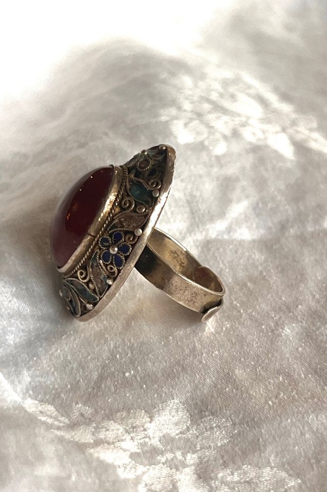 Vintage Sterling Silver Filigree and Cloisanne with Carnelian Cabochon Ring  Selected by Anna Corinna #2