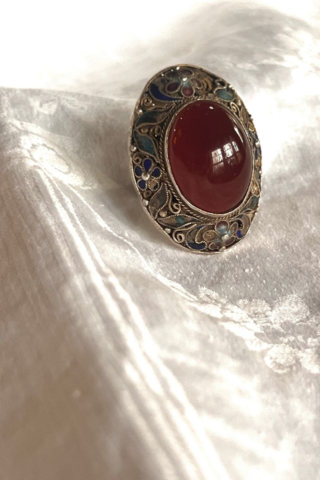 Vintage Sterling Silver Filigree and Cloisanne with Carnelian Cabochon Ring  Selected by Anna Corinna #3