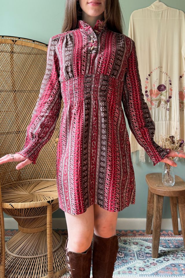 Vintage 1970s Boho Red Cotton Block Print Style Mini Dress Selected by Two Vintage Twins #1