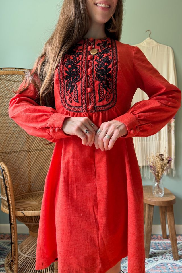 Vintage 1970s Boho Red Butterfly Embroidery Mini Dress Selected by Two Vintage Twins #1