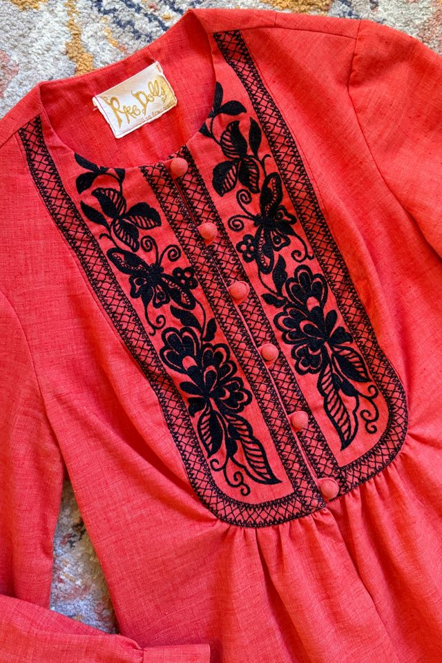Vintage 1970s Boho Red Butterfly Embroidery Mini Dress Selected by Two Vintage Twins #3