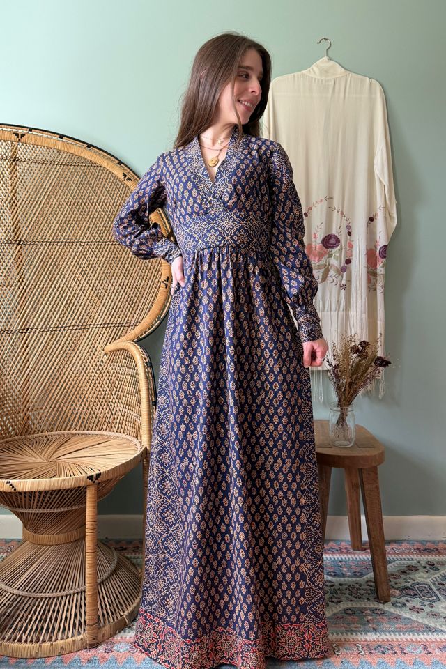 Vintage 1970s Boho Block Printed Indian Cotton Floral Maxi Dress Selected by Two Vintage Twins #1