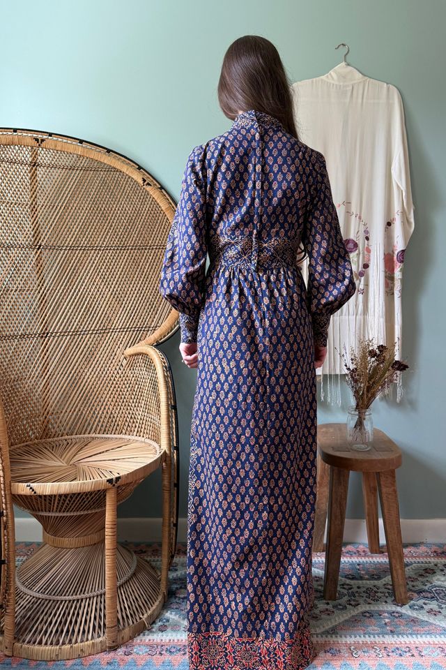 Vintage 1970s Boho Block Printed Indian Cotton Floral Maxi Dress Selected by Two Vintage Twins #2