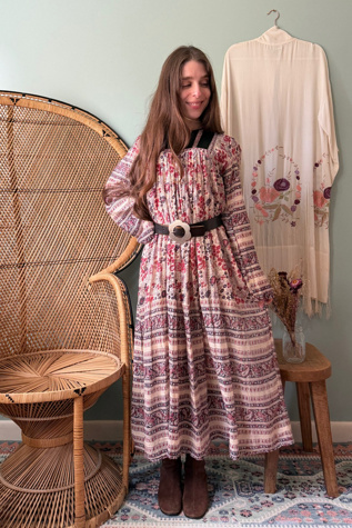 Vintage 1970s Red Floral Lurex Indian Cotton Midi Dress Selected by Two Vintage Twins