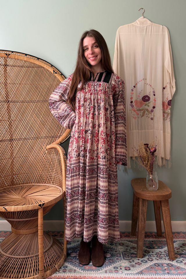 Vintage 1970s Red Floral Lurex Indian Cotton Midi Dress Selected by Two Vintage Twins #1