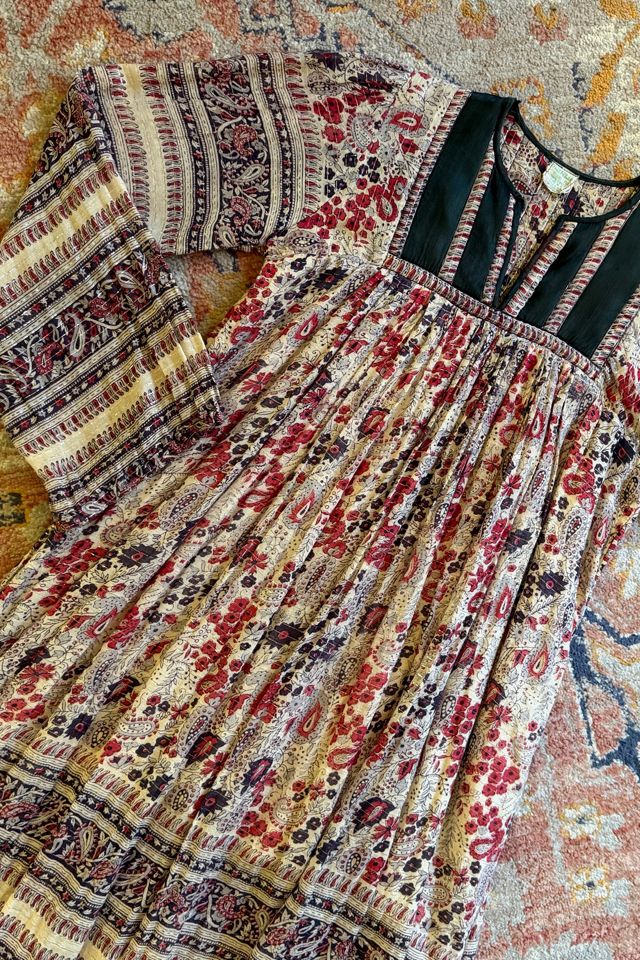 Vintage 1970s Red Floral Lurex Indian Cotton Midi Dress Selected by Two Vintage Twins #3