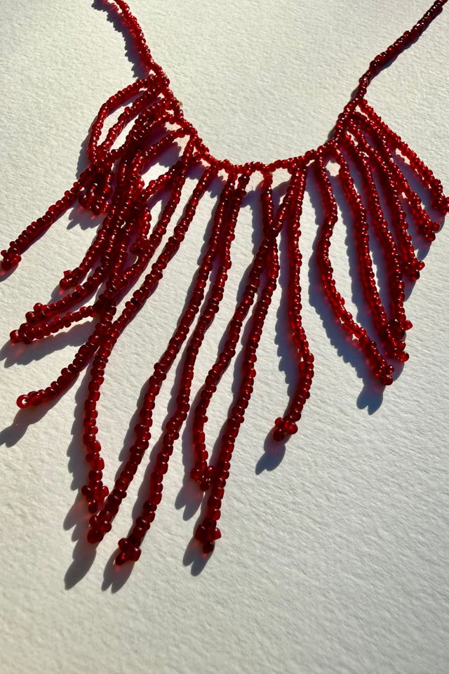 Dark Red Seed Bead Fringe Necklace Selected by Wax Plant #1