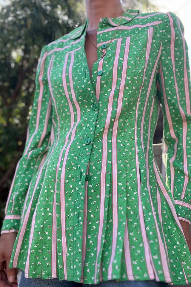 Vintage Cacharel Emerald Green Floral Pintuck Blouse - Selected by Market Vintage #1