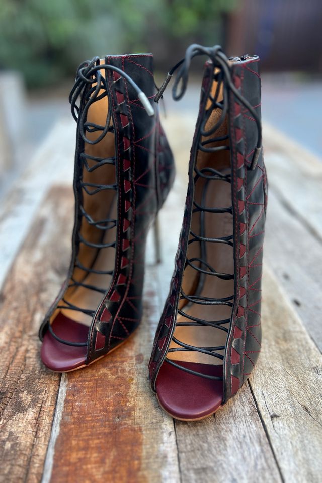 L.A.M.B. Black & Burgundy Lace-Up Stiletto Booties - Selected by Market Vintage #1