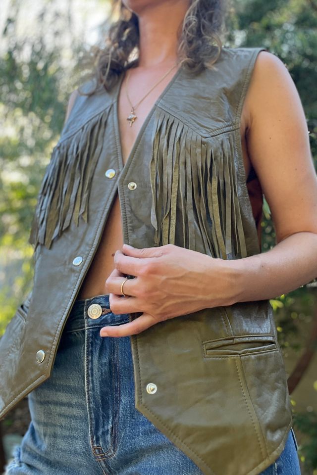 Vintage Olive Green Leather Fringe Western Vest - Selected by Market Vintage #1