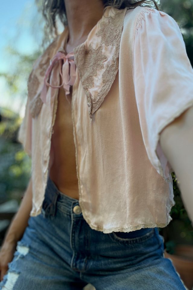 1930s/40s Blush Silk Bed Jacket with Lace Inset Statement Collar - Selected by Market Vintage #1