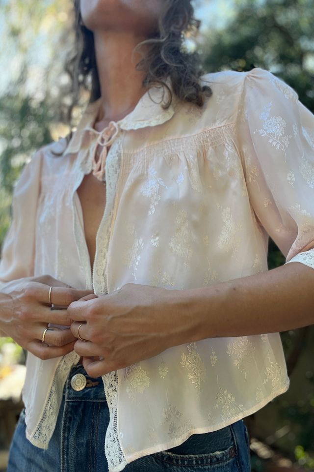 1940s Rayon Satin Floral Jacquard Bed Jacket with Smocked Yoke & Lace Trim - Selected by Market Vintage #1